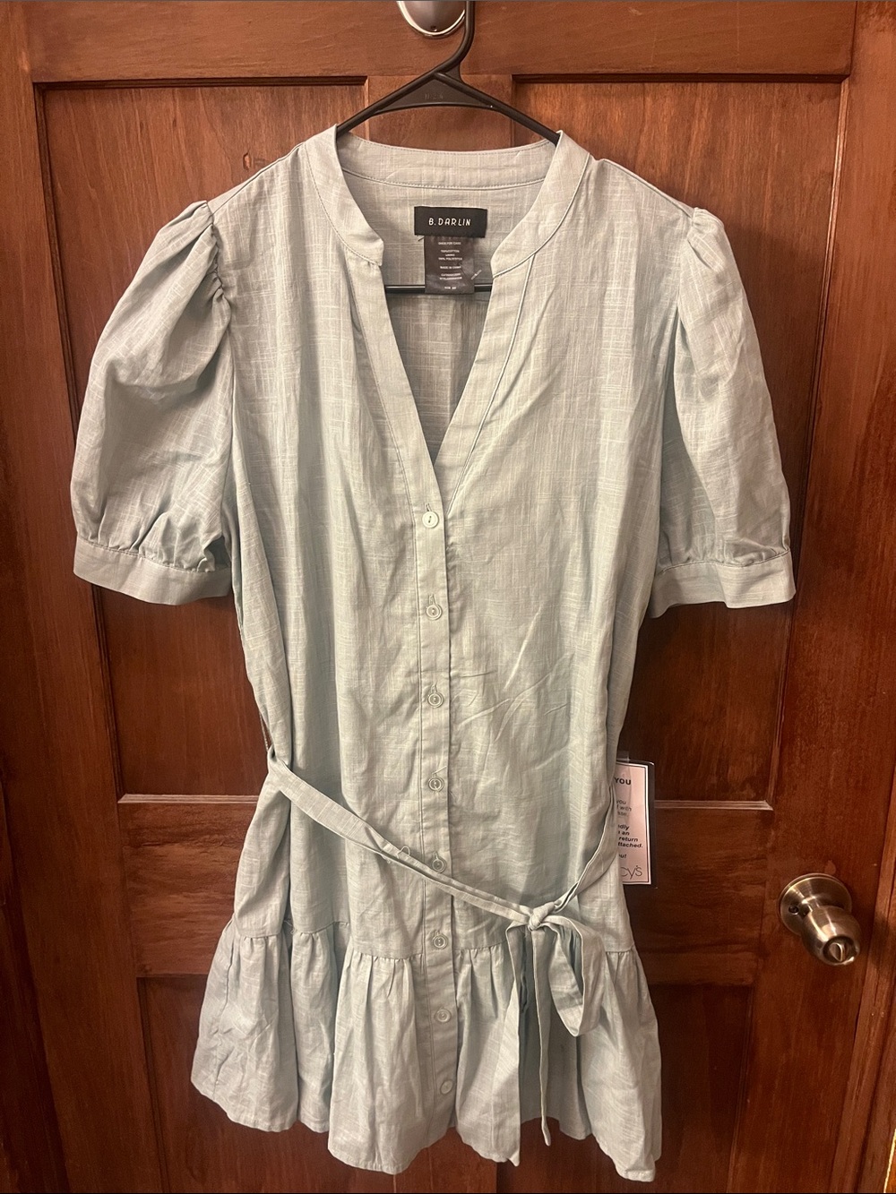 NWT B Darlin Sage Green Button-Front Tie Waist Mini Dress